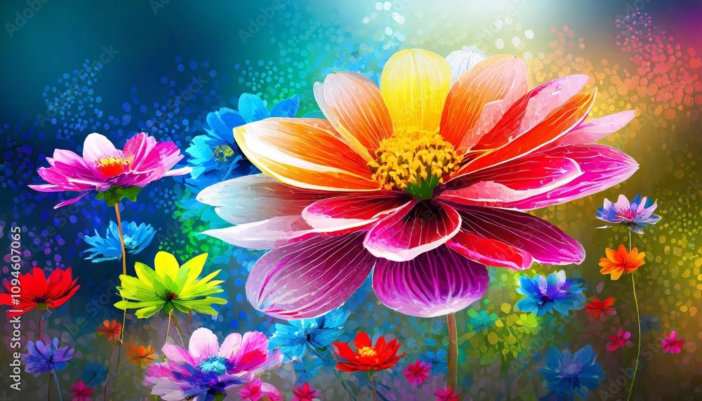 Poster a mesmerizing abstract colorful flower design blending vibrant hues and intricate patterns, creating