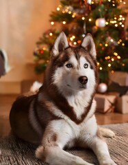 Fluffy husky lying next to a Christmas tree with twinkling lights, cozy interior, warm tones