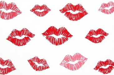 Creative pattern made with red kisses on white background. Romantic fashion concept with kiss print and lipstick. Makeup or Valentines day idea.