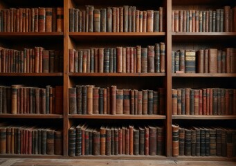 Old books arranged on wooden shelves in a quiet library, showcasing a rich history of literature
