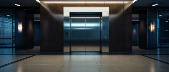 A blank billboard or poster next to an empty elevator cabin, offering a space for advertisement or design placement.

