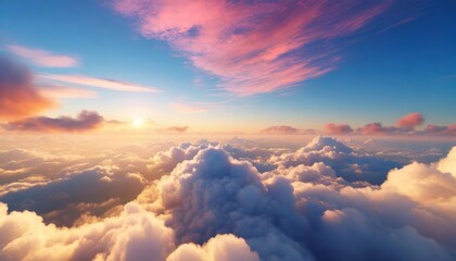 Beautiful Aerial View Above Clouds at Sunset Featuring a Stunning Cloudscape with Blue Skies, Pink, and Orange Hues Capturing the Serenity and Ethereal Charm of the Horizon in High