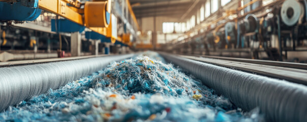 Recycled polyester threads being processed in textile factory, showcasing transformation of waste materials into usable fibers. vibrant colors and textures highlight sustainability efforts