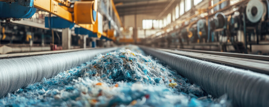 Recycled polyester threads being processed in textile factory, showcasing transformation of waste materials into usable fibers. vibrant colors and textures highlight sustainability efforts