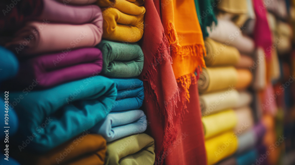 Poster vibrant rows of folded fabrics in spectrum of colors create visually stunning display. rich hues evo