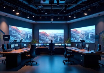 Control room with large screens displaying mountains during nighttime operation