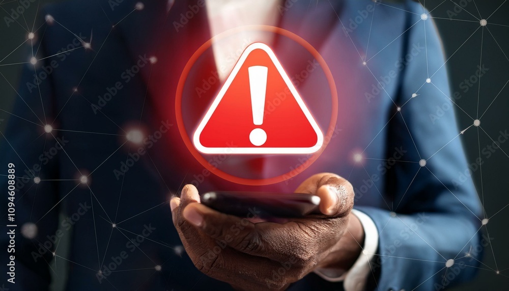 Poster emergency warning alert alarm on smartphone, data network protection, virus alarm with people using 