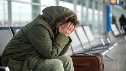 A distressed traveler sitting in an airport terminal with their head in hands, wearing a green winter jacket. A suitcase nearby emphasizes the theme of travel delays, stress, or difficult journeys.

