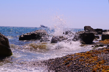 
The waves of the Black Sea splash against the stones on a pebble-covered shore on a sunny day, a yacht can be seen in the distance
