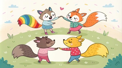 Obraz premium A vibrant circle of friends with colorful tails and ears playfully tag one another their camaraderie evident in every playful pounce.
