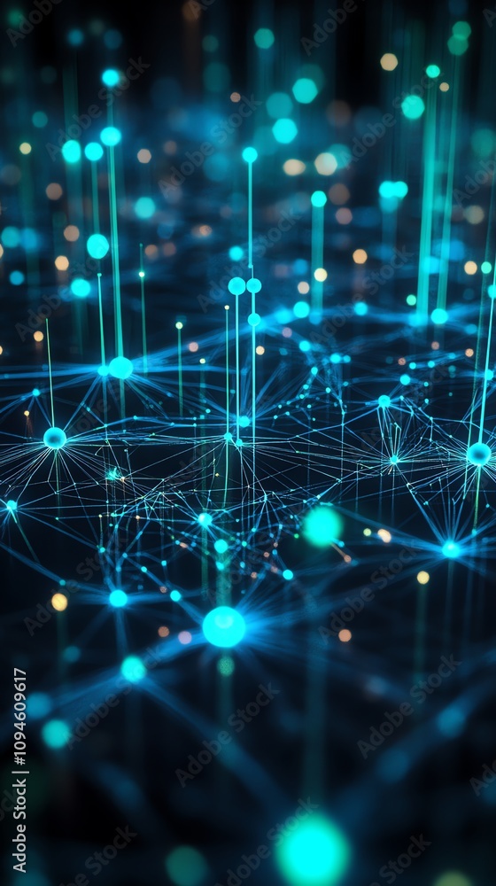 Poster Abstract representation of interconnected data points and networks in a digital space.