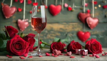 romantic background with hearts and two glasses of champagne and rose flowers