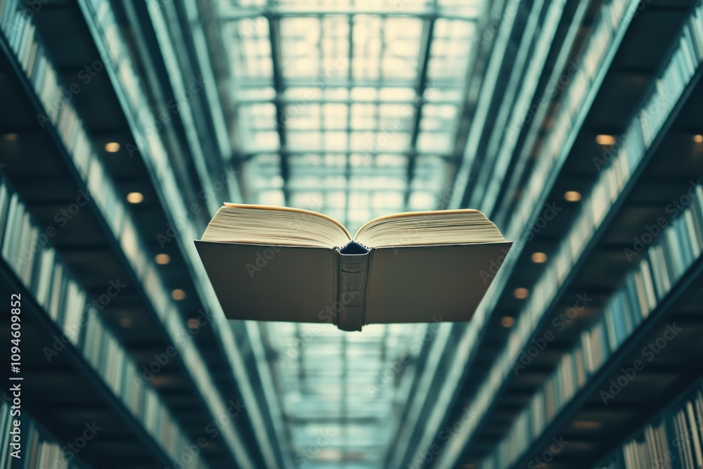 Aufkleber floating book captures attention in modern library with stunning architecture