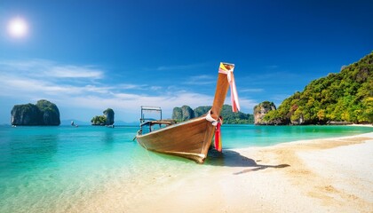 Travel boat on Thailand island beach. Tropical coast Asia landscape background