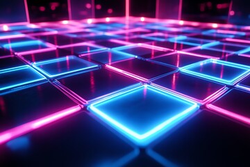 A vibrant, illuminated dance floor with glowing blue and pink tiles, creating a dynamic atmosphere.