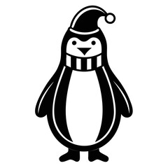 A Cute Christmas Penguin wearing a Santa clause hat and scarf Vector Silhouette Isolated on a Transparent background