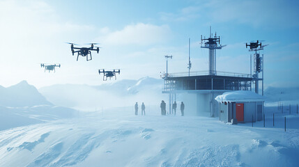 A cutting-edge winter weather control station, featuring drones and advanced AI systems that monitor and alter atmospheric conditions to prevent extreme snowfall.