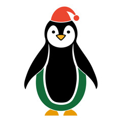 A Cute Christmas Penguin wearing a Santa clause hat and scarf Vector Silhouette Isolated on a Transparent background