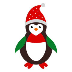 A Cute Christmas Penguin wearing a Santa clause hat and scarf Vector Silhouette Isolated on a Transparent background