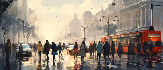 An illustration of citizens walking on a busy street during rush hour, depicting a crowded urban environment and bustling movement.

