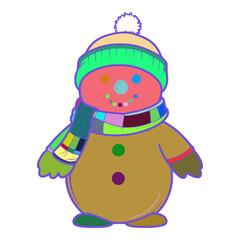 A snowman is wearing a green hat with a pom-pom on the top. He has a green and blue scarf around his neck. He also has a brown jacket with a red stripe on the sleeve.