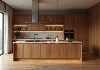 Modern kitchen interior design featuring wooden cabinets and stylish appliances