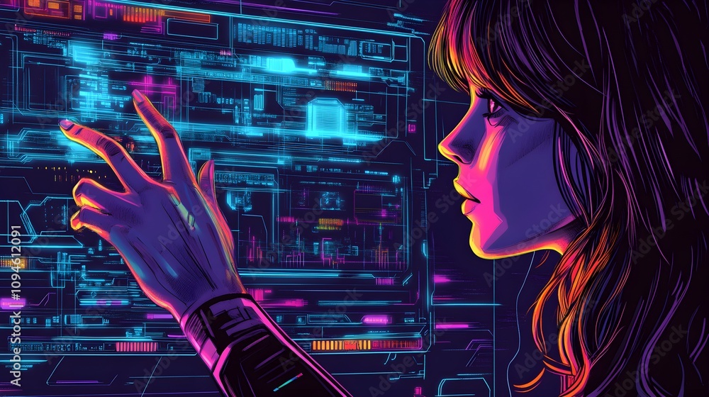 Poster exploring digital interfaces a user interaction in a futuristic tech environment cyber space close-u