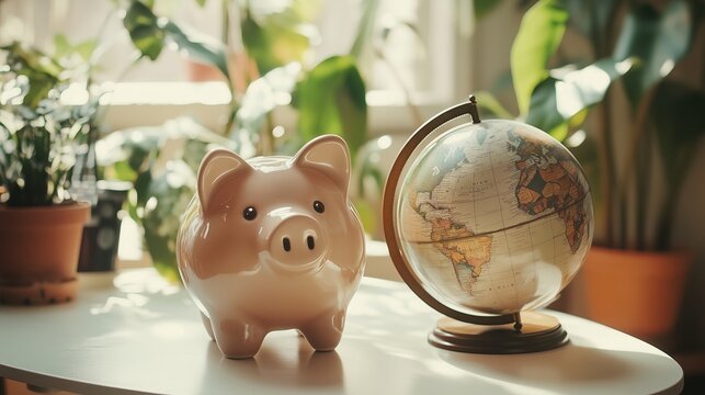 Piggy bank and globe suggesting saving for international travel