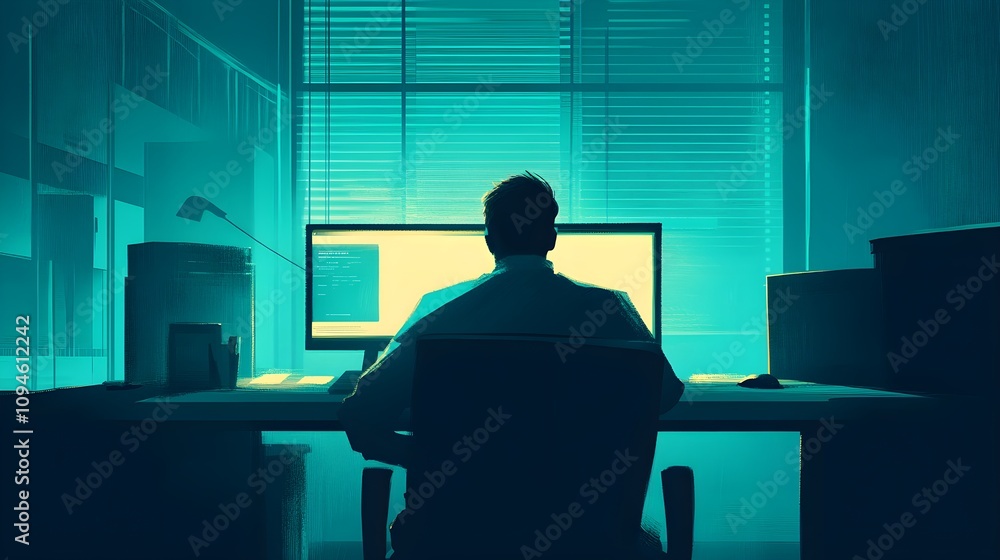 Poster remote work focused programmer home office digital workspace tech environment night view productivit