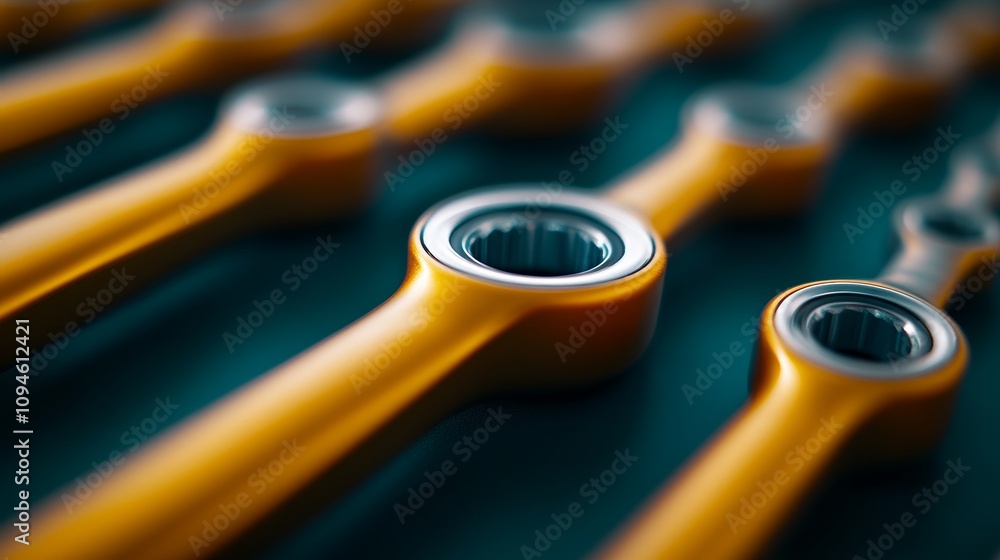 Poster close-up of multiple golden mechanical components with circular bearings