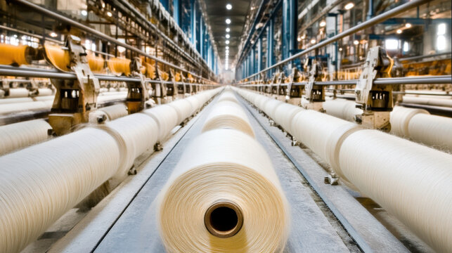 Cotton threads being spun on large spools in textile factory, showcasing intricate process of yarn production. atmosphere is filled with industrial energy and precision