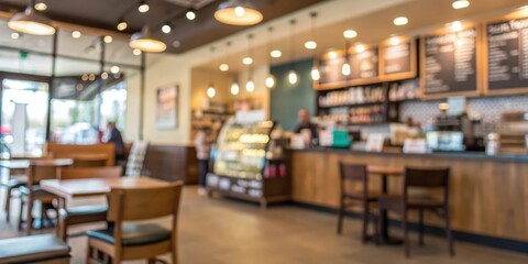 Blurred Image of a Coffee Shop Interior with Seating and a Counter