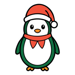 A cute Christmas penguin wearing a Santa Claus hat and scarf vector outline or Silhouette isolated on a white background
