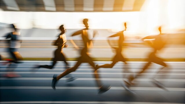 Runners' Pace Blur: Artistic blur of a group sprinting on the racetrack.
