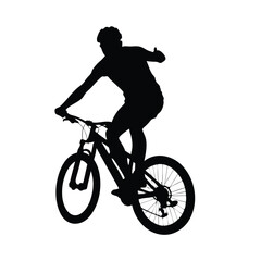 Naklejka premium A man is riding a bicycle. He is wearing a helmet. He is giving a thumbs up