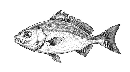 Obraz premium Fish sketch dorado gilt-head bream. Vintage retro print, black white gilt-head bream fish sketch ink pencil style drawing, linear drawing, engrave old school. Sketch artwork dorado fish. Illustration