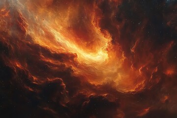 Fototapeta premium A vibrant cosmic scene with swirling clouds of orange and yellow hues against a dark backdrop.