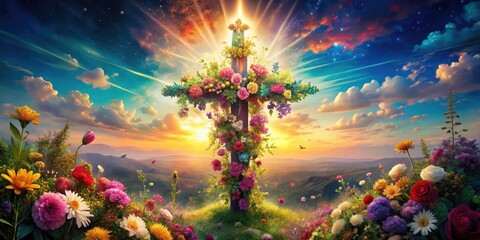 Naklejka premium Surreal Spiritual Cross with Vibrant Flowers - Symbol of Faith and Natural Beauty