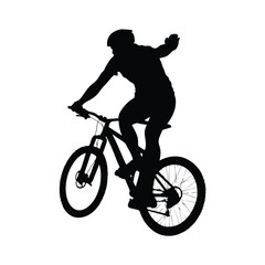Obraz premium A man is riding a bicycle. He is wearing a helmet. He is giving a thumbs up