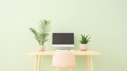 Fototapeta premium A minimalistic workspace featuring a computer on a light wooden desk, surrounded by potted plants against a soft green wall.
