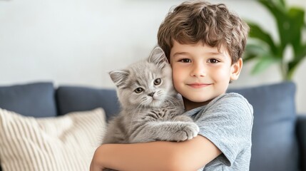 A cheerful young boy in a bear costume cuddles his fluffy kitten in a bright, inviting living room filled with soft textures