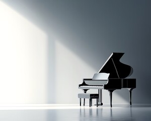 Elegant black grand piano in a minimalist room, bathed in sunlight.  Perfect for music, art, and home decor concepts.