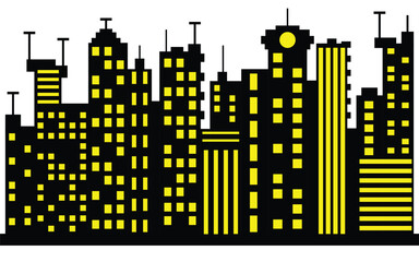 Black city skyline silhouette with yellow windows and modern city buildings on white background.