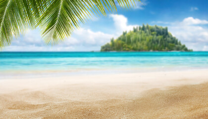 A serene tropical beach with golden sand and clear turquoise water, framed by palm leaves, with a lush green island in the background under a bright blue sky.