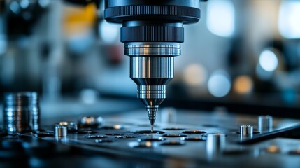 Close-up of a drill bit in a CNC machine, focused on the tip of the bit