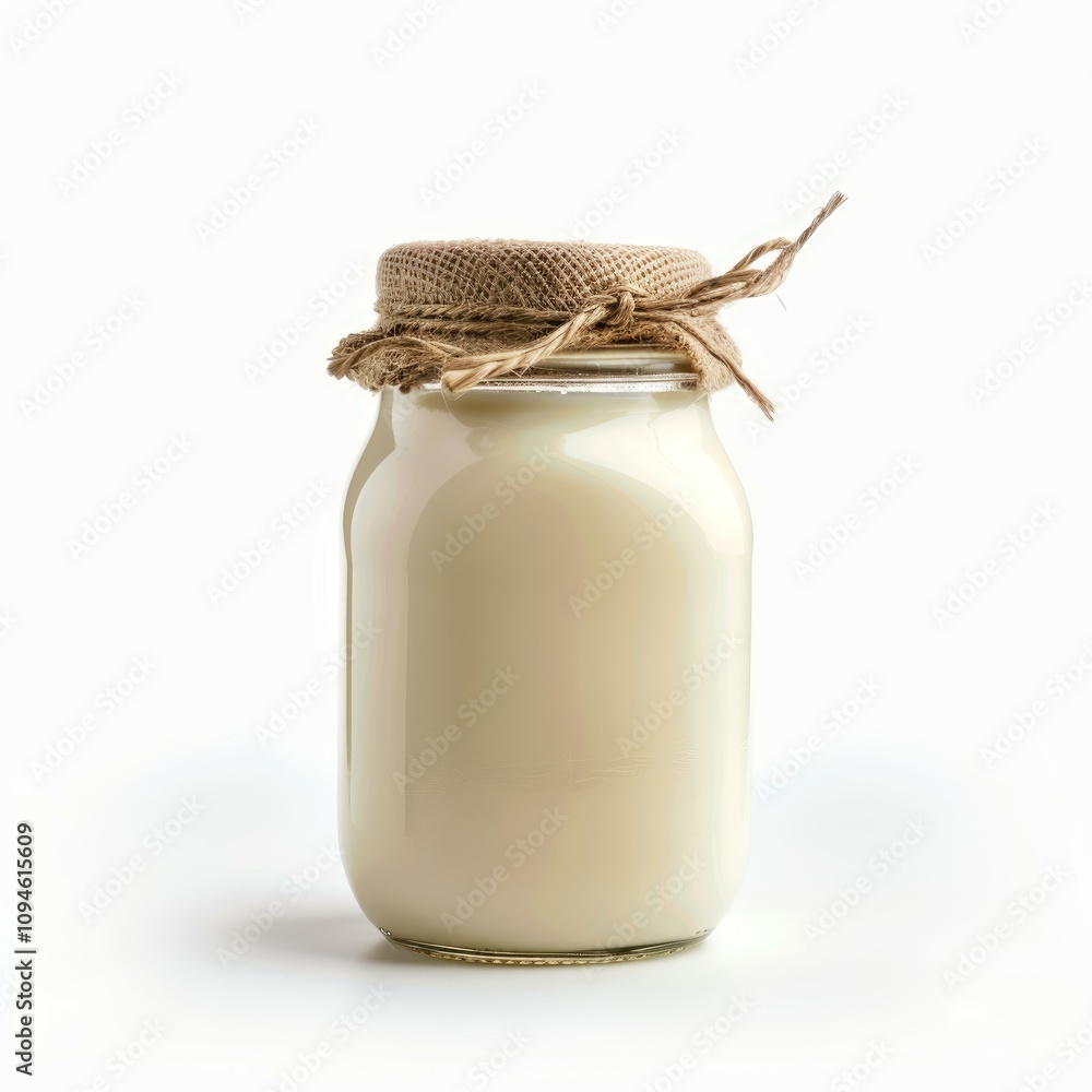Poster glass jar full of creamy yogurt closed with burlap and string on white background