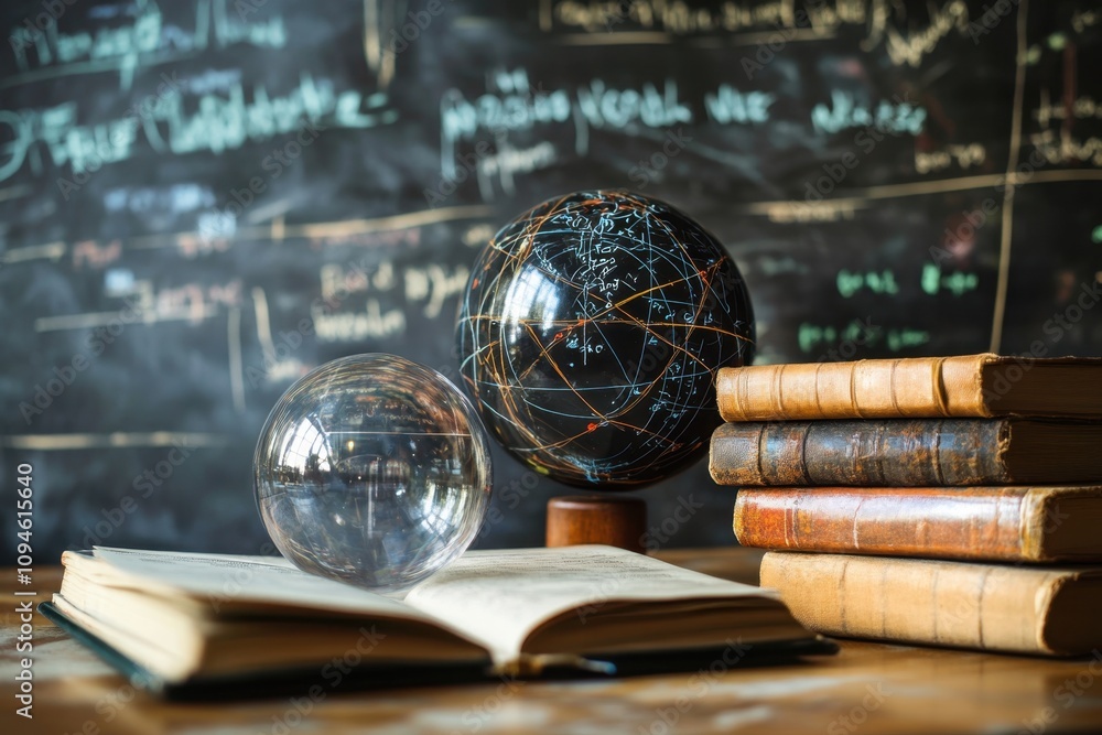 Aufkleber educational tools on a wooden table with globes and open books in a classroom setting