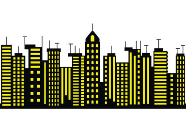 Obraz premium Bright City Skyline Silhouette with Illuminated Yellow Windows on Black Background