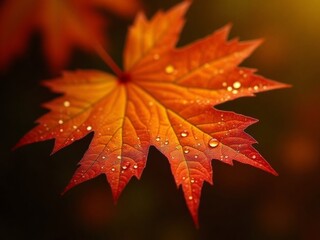 Vibrant red maple leaf with dew drops captured during autumn in a tranquil forest setting
