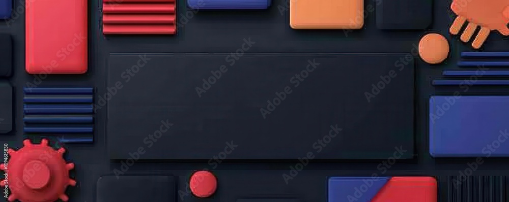 Poster a colorful abstract arrangement of geometric shapes on a dark background, featuring various textures